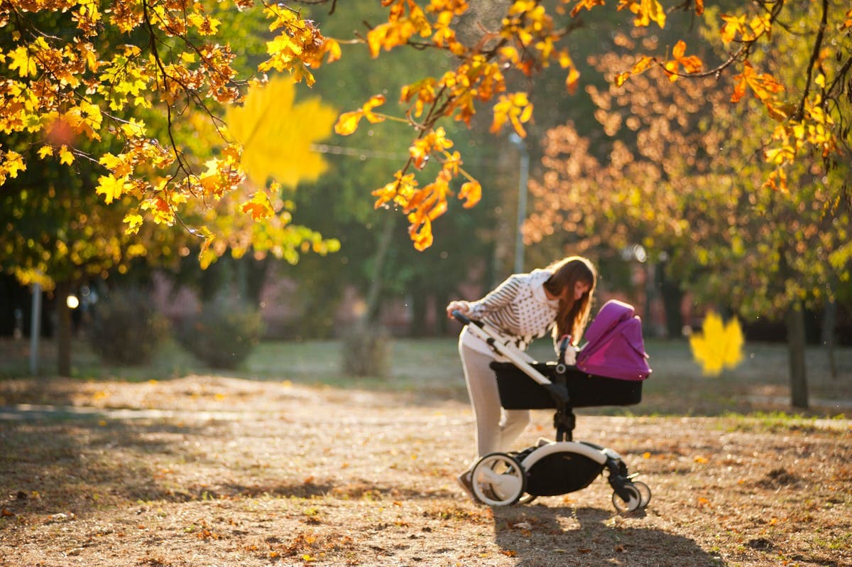 Mère marchant avec une poussette dans un parc en automne